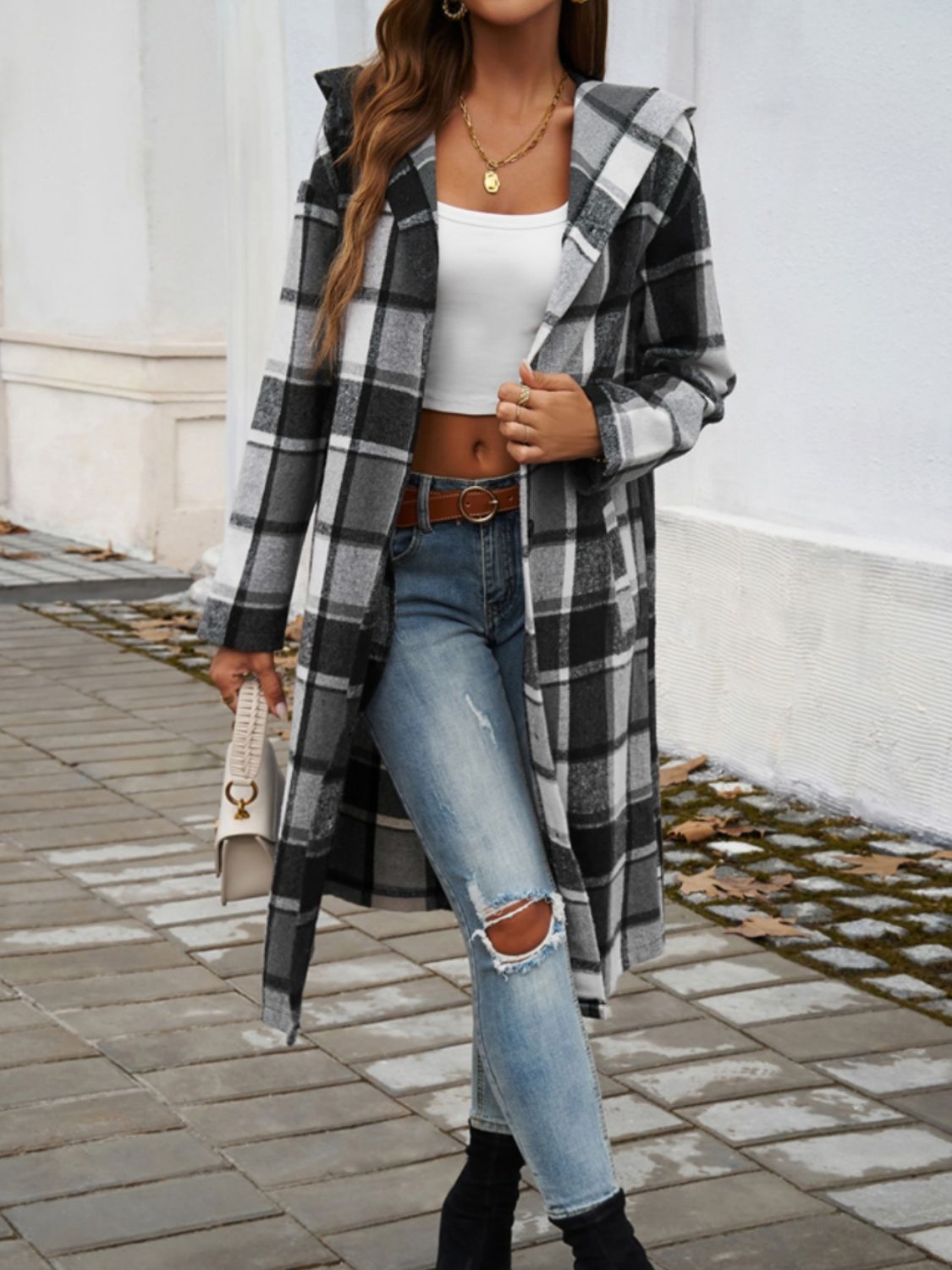 Plaid Long Sleeve Hooded Coat