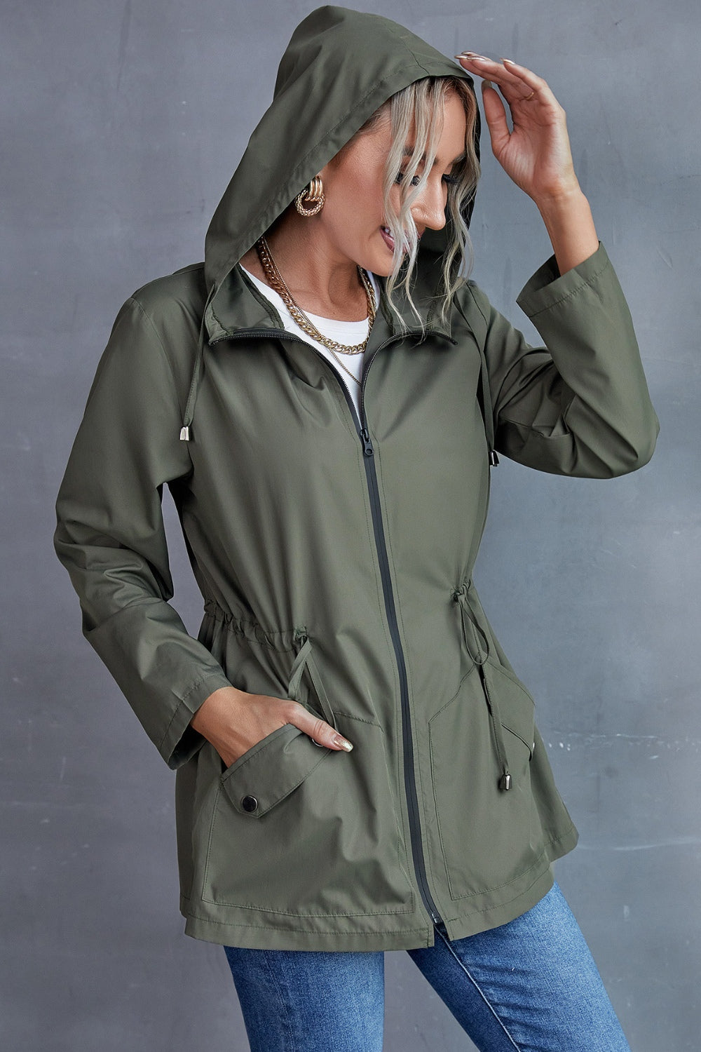 Drawstring Zip Up Hooded Trench Coat